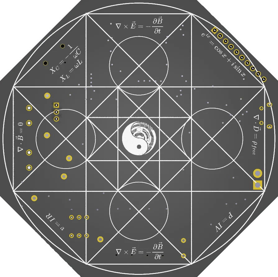 The bottom copper of the Glitchy board: Maxwell's equations, reactance and power formulas, sacred-geometry linework, and a yin-yang at center