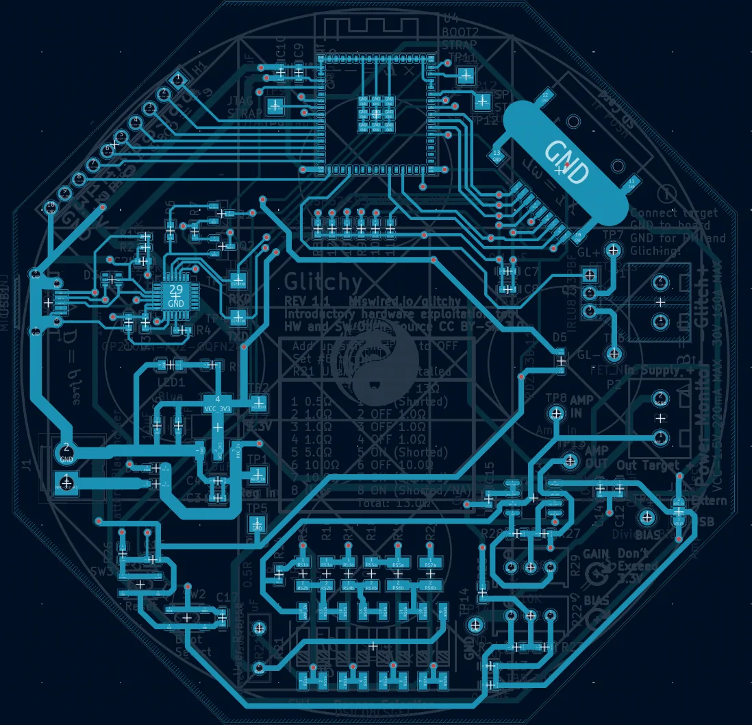 KiCad routing view of Glitchy, an open-source hardware-hacking tool