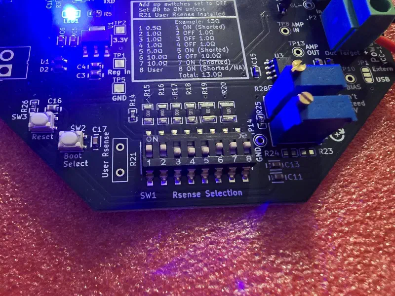 Sense-resistor bank and DIP switches on the board