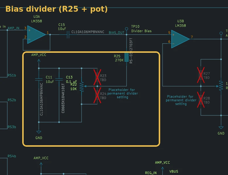 Bias divider (R25 and the bias potentiometer) highlighted in the schematic