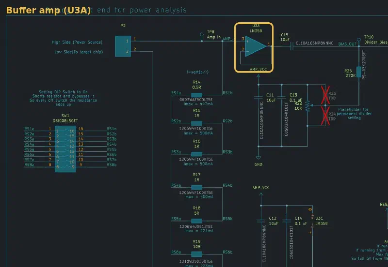 Buffer amp (U3A) highlighted in the analog front-end schematic