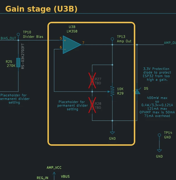 Second amplifier stage (U3B) with its gain network highlighted in the schematic