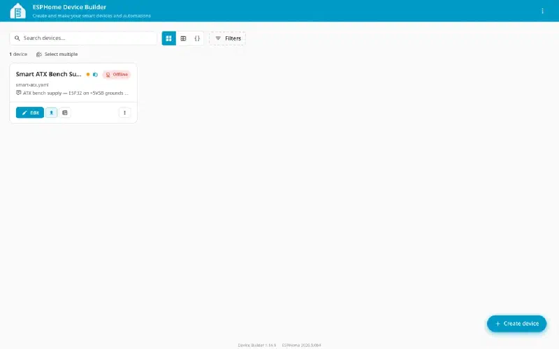 Device Builder dashboard showing the Smart ATX card marked Offline