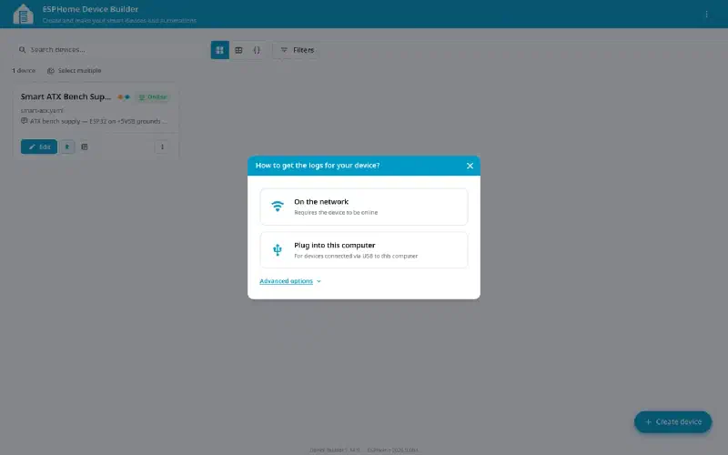 Logs dialog offering &ldquo;On the network&rdquo; and &ldquo;Plug into this computer&rdquo;