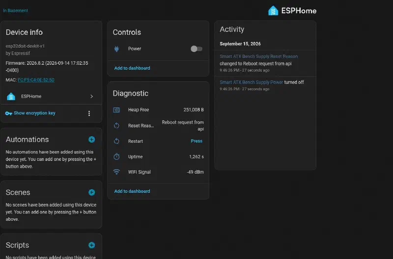 The Smart ATX device page in Home Assistant — a Power switch and diagnostics