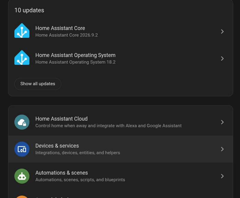 Home Assistant settings, with Devices & services